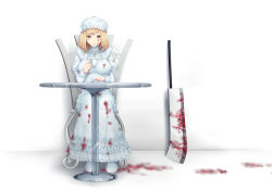 Rule 34 | 10s, 1girl, absurdres, arm up, blonde hair, blood, blood on clothes, blood on face, blood on ground, bloody weapon, blue dress, blue footwear, breasts, chair, commentary, cup, dress, english commentary, frilled dress, frills, glaive (polearm), glass table, hat, hataraku saibou, high collar, highres, holding, holding cup, holding saucer, juliet sleeves, large breasts, long sleeves, looking at viewer, macrophage (hataraku saibou), mob cap, nata (tool), polearm, puffy sleeves, saucer, short hair, simple background, sitting, smile, solo, swept bangs, table, teacup, uc-sama, weapon, white background, yellow eyes