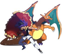 Rule 34 | 1boy, :d, baseball cap, cape, champion uniform, charizard, claws, clenched hand, creatures (company), dark-skinned male, dark skin, dynamax band, facial hair, flame-tipped tail, floating hair, fur-trimmed cape, fur trim, game freak, gen 1 pokemon, gloves, hat, highres, leggings, legs apart, leon (pokemon), long hair, male focus, morio (poke orio), nintendo, open mouth, pokemon, pokemon (creature), pokemon swsh, purple hair, red cape, shield print, shirt, shoes, short shorts, short sleeves, shorts, simple background, single glove, smile, spread fingers, standing, sword print, teeth, tongue, upper teeth only, white background, white legwear, white shorts, white wristband, yellow eyes