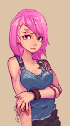 Rule 34 | 1girl, aged down, alternate hair length, alternate hairstyle, bare shoulders, black shorts, breast hold, breasts, cleavage, collarbone, cowboy shot, green eyes, highres, image sample, large breasts, lips, long hair, looking at viewer, mar10, overwatch, overwatch 1, pink hair, pink lips, scar, scar across eye, scar on face, shorts, simple background, sleeveless, solo, tank top, tattoo, upper body, wristband, zarya (overwatch)