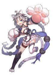 Rule 34 | 1girl, ahoge, animal ears, animal hands, asymmetrical legwear, blue eyes, braid, breasts, claws, cleavage, dress, gloves, highres, long hair, medium breasts, mismatched legwear, one eye closed, original, paw gloves, simple background, single thighhigh, solo, tail, thighhighs, tiger ears, tiger stripes, tiger tail, v-shaped eyebrows, very long hair, white background, white hair, wince, wink, yellowpaint.