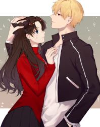 Rule 34 | 1boy, 1girl, black jacket, black ribbon, blonde hair, blue eyes, brown hair, closed mouth, cropped jacket, fate/stay night, fate (series), gilgamesh (fate), highres, holding another&#039;s head, jacket, long hair, looking at another, official alternate costume, open clothes, open jacket, red eyes, red shirt, ribbon, shimatori (sanyyyy), shirt, short hair, skirt, tohsaka rin, upper body, white shirt