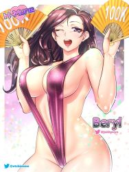 Rule 34 | 1girl, ;), beryl (junkpuyo), borrowed character, breasts, character name, cleavage, commentary, confetti, english commentary, etchimune, folding fan, hand fan, holding, holding fan, large breasts, long hair, milestone celebration, navel, one-piece swimsuit, one eye closed, open mouth, original, purple eyes, purple hair, purple one-piece swimsuit, purple slingshot swimsuit, sideboob, slingshot swimsuit, smile, solo, strap gap, swimsuit, teeth, upper teeth only