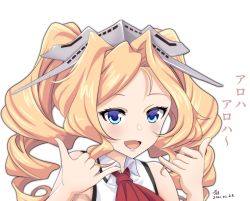 Rule 34 | 1girl, blonde hair, blue eyes, close-up, collared shirt, drill hair, headgear, honolulu (kancolle), kantai collection, red neckwear, shirt, sidelocks, sleeveless, solo, tk8d32, translation request, twin drills