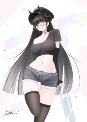Rule 34 | arms behind back, azur lane, bag, black hair, black shirt, black shorts, blush, breasts, cleavage, commentary request, crop top, demon girl, demon horns, detached sleeves, glasses, highres, hip focus, holding, holding bag, horns, horns through headwear, livetarica, long hair, looking at viewer, medium breasts, midriff, navel, noshiro (azur lane), noshiro (dressed-up date) (azur lane), off-shoulder shirt, off shoulder, official alternate costume, oni, purple eyes, shirt, short shorts, shorts, single bare shoulder, skindentation, standing, standing on one leg, stomach, striped clothes, striped shirt, thighhighs, thighs, torn clothes, torn shorts, vertical-striped clothes, vertical-striped shirt, very long hair