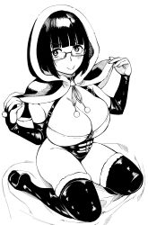 Rule 34 | 1girl, absurdres, blunt bangs, blunt ends, bob cut, boots, breasts, bridal gauntlets, capelet, choker, christmas, cleavage, cleavage cutout, closed mouth, clothing cutout, commentary request, elbow gloves, fur-trimmed capelet, fur-trimmed footwear, fur trim, glasses, gloves, greyscale, highres, hood, hood up, hooded capelet, huge breasts, leotard, light blush, looking at viewer, monochrome, original, rectangular eyewear, santa boots, santa costume, semi-rimless eyewear, short hair, sitting, smile, solo, tarakan, under-rim eyewear, wariza