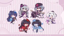 Rule 34 | :d, ahoge, alternate costume, black dress, black hair, black headwear, black thighhighs, blue butterfly, blue flower, bronya zaychik, bronya zaychik (herrscher of reason), bug, butterfly, chibi, chinese commentary, closed mouth, colored inner hair, crown, dress, drum, drumsticks, flower, fu hua, fu hua (herrscher of sentience), fu hua (turn up the music!) (herrscher of sentience), fu hua (turn up the music) (herrscher of sentience), full body, gloves, grey eyes, grey hair, guitar, hair flower, hair ornament, hat, high ponytail, highres, holding, holding drumsticks, holding microphone, honkai (series), honkai impact 3rd, insect, instrument, kiana kaslana, kiana kaslana (herrscher of finality), long hair, looking at viewer, microphone, multicolored hair, official art, official wallpaper, one eye closed, open mouth, ponytail, purple dress, purple eyes, raiden mei, red butterfly, red dress, red eyes, red flower, red gloves, red hair, seele (alter ego), seele vollerei, seele vollerei (herrscher of rebirth), seele vollerei (starchasm nyx), simple background, smile, star-shaped pupils, star (symbol), streaked hair, symbol-shaped pupils, thighhighs, white dress, white gloves, white hair