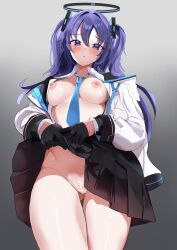 Rule 34 | 1girl, absurdres, akechi kani, black gloves, black jacket, black skirt, black suit, blue archive, blush, breasts, breasts out, censored, clothes lift, collared shirt, dress shirt, formal, gloves, gluteal fold, hair ornament, half gloves, halo, highres, jacket, long hair, long sleeves, looking at viewer, medium breasts, miniskirt, necktie, nipples, no panties, open clothes, open jacket, open mouth, pleated skirt, purple eyes, purple hair, pussy, shirt, sidelocks, skirt, skirt lift, suit, thighs, two side up, variant set, white jacket, white shirt, yuuka (blue archive)