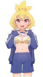 Rule 34 | 1girl, blonde hair, blue jacket, blue shorts, blush, borrowed character, bow, bow bra, bra, breasts, cleavage, clothes lift, commentary request, copyright request, gym shirt, gym shorts, gym uniform, hair between eyes, hands up, highres, jacket, lifting own clothes, long sleeves, medium breasts, navel, open clothes, open jacket, open mouth, owasaki, polka dot, polka dot bra, puffy long sleeves, puffy sleeves, red eyes, shirt, shirt lift, shorts, simple background, sleeves past wrists, solo, standing, teeth, track jacket, underwear, upper teeth only, white background, white shirt, yellow bra