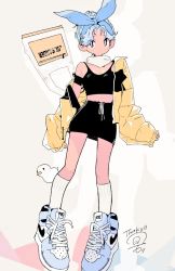 Rule 34 | 1girl, air jordan, air jordan 1, black skirt, blue bow, blue hair, bow, breasts, cleavage, commission, floating, hair bow, linea alba, looking to the side, maymay pic, nike (company), off-shoulder jacket, off shoulder, original, shoes, skeb commission, skirt, sneakers, solo