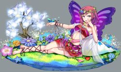 Rule 34 | 10s, 1girl, ankle lace-up, bad id, bad pixiv id, barefoot, bug, butterfly, butterfly wings, cross-laced footwear, fairy, flower, grass, grey background, hand on own face, head wreath, headdress, heart, insect, insect wings, kalian, lace, lace legwear, love live!, love live! school idol festival, love live! school idol project, lying, nishikino maki, outstretched arm, pointy ears, purple eyes, red hair, short hair, skirt, smile, solo, tree, wings