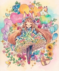 Rule 34 | 1girl, :d, animal ears, balloon, black pantyhose, blue shirt, bow, bowtie, box, brown hair, bug, butterfly, candy, cat ears, cat tail, commentary request, dress, dress flower, closed eyes, facing viewer, floral background, flower, food, footwear bow, frills, full body, gift, gift box, green dress, hair bow, hairband, heart, heart balloon, highres, insect, juliet sleeves, lolita fashion, lolita hairband, lollipop, long hair, long sleeves, natuki1016, open mouth, original, painting (medium), pantyhose, petticoat, puffy sleeves, red footwear, rose, shirt, shoes, skirt hold, smile, solo, star balloon, sunflower, swirl lollipop, tail, tail bow, tail ornament, traditional media, very long hair, watercolor (medium), wrapped candy