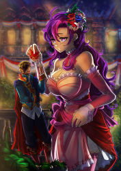 Rule 34 | 1boy, 1girl, blonde hair, breasts, detached sleeves, dress, flower, frilled dress, frills, giant, giantess, green eyes, hair flower, hair ornament, highres, large breasts, long hair, mask, party, pink dress, pixiv fantasia, purple eyes, purple hair, size difference, smile, todee, very long hair