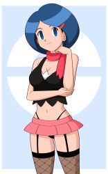Rule 34 | 1girl, absurdres, bare shoulders, black panties, black thighhighs, blue eyes, blue hair, blush, border, breasts, cleavage, cosplay, cowboy shot, creatures (company), dawn (pokemon) (cosplay), facing viewer, fishnet thighhighs, fishnets, frontal upskirt, g-string, game freak, garter straps, highres, hypnosis, jimryu, johanna (pokemon), lingerie, looking at viewer, mature female, medium breasts, microskirt, midriff, mind control, miniskirt, mother (pokemon), navel, nintendo, outside border, panties, pantyshot, pink skirt, pokemon, pokemon (anime), pokemon dppt (anime), red neckwear, scarf, short hair, simple background, skirt, smile, solo, standing, thighhighs, thighs, thong, underwear, whale tail (clothing), white border, wide hips