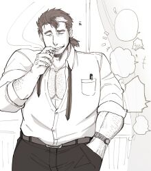 Rule 34 | 1boy, bara, blank speech bubble, chest hair, cigarette, cowboy shot, facial hair, greyscale, hairy, itaru (kidomh63), large pectorals, male focus, mature male, monochrome, mononobe kyoma, multicolored hair, muscular, muscular male, mustache stubble, necktie, pants, pectoral cleavage, pectorals, short hair, smile, solo, speech bubble, standing, streaked hair, stubble, thick eyebrows, tokyo houkago summoners, undone necktie