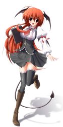 Rule 34 | 1girl, absurdres, bad id, bad pixiv id, bat wings, black thighhighs, book, boots, brown eyes, demon tail, embodiment of scarlet devil, female focus, head wings, highres, koakuma, long hair, midoriiro no shinzou, necktie, open mouth, red hair, red necktie, skirt, solo, tail, thighhighs, touhou, wings