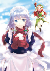 Rule 34 | 2girls, apron, arm up, beret, blue dress, blue eyes, chinese clothes, dress, closed eyes, gloves, hat, hong meiling, izayoi sakuya, jumping, light smile, long hair, long sleeves, looking at viewer, maid, maid apron, maid headdress, multiple girls, open mouth, pants, primary stage, red hair, red scarf, scarf, short hair, silver hair, smile, snow, snowball, tangzhuang, touhou, winter clothes