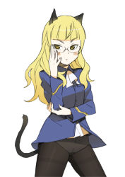 Rule 34 | 00s, 1girl, animal ears, black pantyhose, blonde hair, blush, cat ears, cat tail, crotch seam, glasses, katou haruaki, long hair, panties, panties under pantyhose, pantyhose, perrine h. clostermann, solo, strike witches, tail, thighband pantyhose, underwear, world witches series, yellow eyes