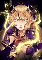 Rule 34 | 1girl, absurdres, artist name, blonde hair, breasts, center opening, cleavage, electricity, fangs, gloves, highres, horns, long hair, open mouth, pointy ears, slit pupils, solo, star (symbol), tales of erin, teeth, tiamat (tales of erin), yellow eyes