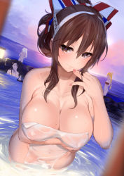 Rule 34 | 4girls, abukuma (kancolle), ashigara (kancolle), bathing, blonde hair, blurry, blush, breasts, brown eyes, brown hair, cleavage, collarbone, convenient censoring, covering privates, day, depth of field, double bun, dutch angle, finger to mouth, fingernails, folded ponytail, from behind, from side, hair bun, hand up, headband, highres, kantai collection, kasumi (kancolle), kusaka souji, large breasts, long hair, looking at viewer, multiple girls, nachi (kancolle), nail polish, naked towel, nude cover, ocean, onsen, outdoors, peeking, plump, red nails, rock, see-through, side ponytail, sidelocks, smile, solo focus, sunset, tokkuri, towel, very long hair, wet, white hair