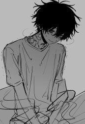 Rule 34 | 1boy, absurdres, bags under eyes, bandaid, bandaid on neck, blush, commentary, greyscale, hair between eyes, highres, imai akira, male focus, messy hair, monochrome, original, pants, shirt, short sleeves, simple background, sketch, solo, sweat, symbol-only commentary, trembling