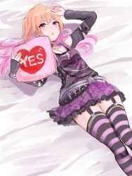 Rule 34 | 1girl, bed, belt, black belt, black gloves, black shirt, black thighhighs, blush, breasts, choker, cleavage, collarbone, fingerless gloves, frilled skirt, frills, garter straps, gloves, hair between eyes, hand on own head, heart, heart-shaped pillow, heart choker, highres, himari ii, holding, holding pillow, idolmaster, idolmaster cinderella girls, idolmaster cinderella girls starlight stage, indoors, jewelry, keyhole, long hair, long sleeves, looking at viewer, lying, medium breasts, miniskirt, multicolored hair, multicolored thighhighs, necklace, ninomiya asuka, on back, on bed, open mouth, orange hair, pillow, pink hair, pink thighhighs, print shirt, purple eyes, purple skirt, shirt, single glove, skirt, solo, striped clothes, striped thighhighs, thighhighs, two-tone hair, yes, yes-no pillow