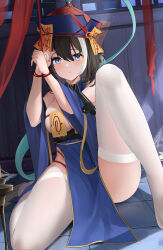 Rule 34 | 1girl, :t, ass, azur lane, black hair, blue dress, blue eyes, bound, bound wrists, breast curtains, breasts, cleavage, detached collar, detached sleeves, dress, hat, highres, hwah jah (azur lane), hwah jah (the festive undead) (azur lane), jiangshi costume, knee up, large breasts, looking at viewer, multicolored hair, official alternate costume, ofuda, pelvic curtain, pout, qingdai guanmao, qing wu, restrained, short hair, sitting, skindentation, solo, streaked hair, talisman, thighhighs, white thighhighs, wide sleeves