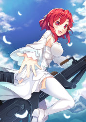 Rule 34 | 10s, 1girl, :d, anti-materiel rifle, blue sky, breasts, dance of eternity, day, dress, highres, izetta, medium breasts, open mouth, outstretched arm, red eyes, red hair, riding, shuumatsu no izetta, sky, smile, solo, white dress, white legwear
