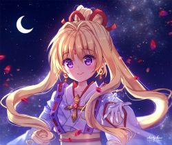 Rule 34 | 1girl, bad id, bad pixiv id, blonde hair, blush, chess piece, closed mouth, commentary, crescent moon, earrings, english commentary, hair between eyes, hair ribbon, head tilt, japanese clothes, jewelry, kaitou jeanne, kamikaze kaitou jeanne, kimono, kusakabe maron, long hair, long sleeves, moon, nami (nyaa), night, night sky, obi, outdoors, petals, purple eyes, red ribbon, ribbon, sash, sidelocks, signature, sky, smile, solo, star (sky), starry sky, upper body, very long hair, white kimono, wide sleeves