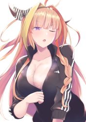 Rule 34 | 1girl, adidas, ahoge, black jacket, blonde hair, blush, bow, braid, breasts, cleavage, collarbone, commentary request, dragon horns, eyelashes, hairband, highres, hololive, horn bow, horn ornament, horns, ichi-go, jacket, kiryu coco, large breasts, light blush, long hair, multicolored hair, one eye closed, open mouth, orange hair, purple eyes, solo, virtual youtuber, zipper pull tab