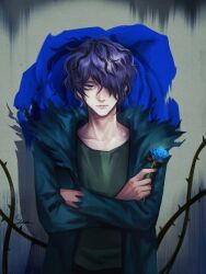 Rule 34 | 1boy, absurdres, blue eyes, blue flower, blue jacket, blue rose, crossed arms, floral print, flower, garry (ib), green shirt, highres, holding, holding flower, ib (kouri), jacket, open clothes, open jacket, rose, rose print, serious, shirt, spikes, staryoruu, torn, torn clothes