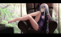 Rule 34 | 1girl, bare legs, barefoot, beret, blunt bangs, blurry, blurry background, blush, breasts, chair, depth of field, facial mark, german flag, girls&#039; frontline, gloves, green eyes, hair ornament, hat, highres, hk416 (girls&#039; frontline), holding leg, indoors, jacket, konome noi, letterboxed, long hair, looking at viewer, medium breasts, military jacket, plaid, plaid skirt, reclining, silver hair, skirt, solo, teardrop, very long hair