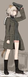 Rule 34 | 1girl, animal ears, boots, cat ears, cat tail, coat, hat, hood, huberta von bonin, jacket, knee boots, light brown hair, looking at viewer, military, military hat, military jacket, military uniform, muted color, no pants, shimada fumikane, short hair, solo, standing, strike witches, tail, uniform, world witches series