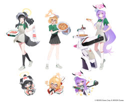 3girls absurdres apron black_hair black_skirt black_socks blonde_hair blue_archive chibi closed_mouth cross-laced_footwear engineering_department_(blue_archive) food full_body glasses green_shirt grey_footwear halo hat hibiki_(blue_archive) highres kneehighs kotori_(blue_archive) long_hair looking_at_viewer multiple_girls official_art open_mouth papa_john&#039;s pizza ponytail purple_hair red_eyes shirt shoes simple_background skirt smile socks standing tail utaha_(blue_archive) waitress white_background white_hat white_socks zanya_000