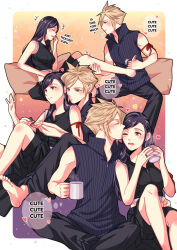 Rule 34 | 1boy, 1girl, applying manicure, arm ribbon, babigonice, bare legs, bare shoulders, black hair, black pants, black shorts, black vest, blonde hair, blue eyes, blush, border, breasts, closed eyes, cloud strife, coffee mug, commentary, couple, crop top, cup, english text, facing another, final fantasy, final fantasy vii, final fantasy vii advent children, flying sweatdrops, foot massage, from side, hand on another&#039;s foot, hand on another&#039;s hip, hand on another&#039;s leg, heart, highres, holding, holding another&#039;s foot, holding cup, indian style, invisible chair, jewelry, kiss, kissing forehead, long hair, looking at another, medium breasts, mug, multiple views, nail polish, on lap, one eye closed, open mouth, outside border, painting nails, pants, pillow, popped collar, red eyes, red ribbon, ribbed shirt, ribbon, ring, shirt, shorts, sitting, sleeveless, sleeveless shirt, speech bubble, spiked hair, symbol-only commentary, tank top, tifa lockhart, vest, white border, white tank top