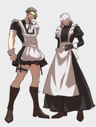 Rule 34 | 2boys, achilles (fate), alternate costume, apron, black dress, black gloves, boots, bow, brown footwear, cross-laced footwear, crossdressing, dress, enmaided, fate/grand order, fate (series), full body, gloves, grey background, grey hair, hair between eyes, haruakira, highres, juliet sleeves, lace-up boots, long dress, long sleeves, maid, maid headdress, male focus, multicolored hair, multiple boys, muscular, muscular male, odysseus (fate), puffy sleeves, short dress, short hair, short sleeves, smile, streaked hair, undercut, white apron, white bow, wrist cuffs, yellow eyes