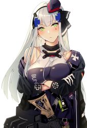 Rule 34 | 1girl, asakawa (outeq), assault rifle, blunt bangs, blush, breasts, buckle, cowboy shot, crossed arms, dress, expressionless, facial mark, german flag, girls&#039; frontline, gloves, green eyes, gun, h&amp;k hk416, hair ornament, head tilt, headset, heckler &amp; koch, highres, hk416 (girls&#039; frontline), hk416 (mod3) (girls&#039; frontline), jacket, large breasts, long hair, looking at viewer, mod3 (girls&#039; frontline), name tag, open clothes, open jacket, rifle, sidelocks, silver hair, snap-fit buckle, solo, twitter username, very long hair, weapon, white background