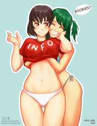 Rule 34 | 2girls, ^ ^, bikini, black hair, blue bikini, blush, grabbing another&#039;s breast, breasts, brown eyes, character name, character request, cheek-to-cheek, closed eyes, clothes lift, clothes writing, copyright request, curvy, closed eyes, gluteal fold, grabbing, grabbing from behind, green hair, grin, groping, hand under clothes, hand under shirt, heads together, koshio, large breasts, multiple girls, one side up, panties, shirt, shirt lift, side-tie bikini bottom, skindentation, smile, swimsuit, t-shirt, thigh gap, underwear, watermark, web address, white panties, yuri