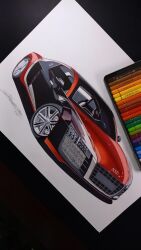Rule 34 | art tools in frame, audi, audi r8, car, colored pencil, colored pencil (medium), highres, luka milic, motor vehicle, need for speed, need for speed: carbon, no humans, pencil, photo (medium), shadow, signature, sports car, traditional media, vehicle focus, white background