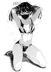 Rule 34 | 1girl, adjusting hair, aihara akito, armpits, arms up, bandaid, bandaid on knee, bandaid on leg, bare shoulders, black hair, collarbone, commentary request, crop top, full body, greyscale, highres, long hair, looking at viewer, mask, monochrome, mouth mask, natsuki (new normal), navel, new normal, shoes, short shorts, shorts, simple background, sitting, sneakers, solo, sportswear, stomach, sweat, translation request, wet