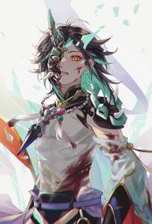 Rule 34 | 1boy, armor, bad id, bad pixiv id, bead necklace, beads, black hair, blood, blood on clothes, blood on face, blood stain, broken mask, cropped legs, detached sleeves, expressionless, eyeshadow, facial mark, forehead mark, genshin impact, green hair, highres, injury, jewelry, looking at viewer, makeup, male focus, mask, multicolored hair, necklace, omotim000, parted bangs, red eyeshadow, shoulder armor, shoulder spikes, simple background, solo, spikes, tassel, two-tone hair, white background, wide sleeves, xiao (genshin impact), yellow eyes