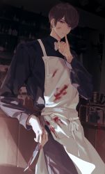 Rule 34 | 1boy, absurdres, animification, apron, avataro sentai donbrothers, black pants, black shirt, blood, blood on face, blood on hands, bloody knife, blue eyes, bow, bowtie, cafe, coffee, coffee pot, counter, doran (doran7280), earrings, goshikida kaito, highres, jewelry, knife, male focus, pants, shelf, shirt, short hair, stud earrings, sunlight, super sentai, white bow, white bowtie