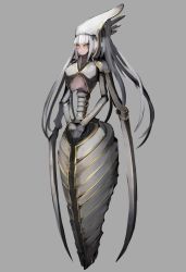 Rule 34 | + +, 1girl, anderhorlo, claws, commentary request, extra arms, frown, full body, grey background, highres, long hair, monster girl, original, own hands together, solo, spine, very long hair, white hair, yellow eyes