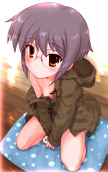 Rule 34 | 1girl, blush, breast slip, breasts, brown eyes, from above, glasses, hechi, hood, hoodie, jacket, kneeling, looking up, nagato yuki, nipples, no bra, one breast out, open clothes, purple hair, short hair, small breasts, solo, suzumiya haruhi no yuuutsu