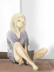 Rule 34 | 1girl, barefoot, blonde hair, brown eyes, final fantasy, final fantasy xii, hair down, long hair, looking at viewer, mochi (hanamaruudondesu), oversized clothes, penelo, shirt, sitting, smile, solo, t-shirt, toes