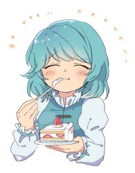 Rule 34 | 1girl, blue hair, cake, closed mouth, commentary request, eating, closed eyes, food, fork, fruit, holding, juliet sleeves, long sleeves, puffy sleeves, sasa kichi, saucer, simple background, smile, solo, strawberry, tatara kogasa, touhou, upper body, vest, white background