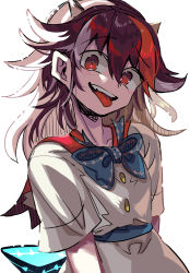 Rule 34 | 1girl, absurdres, black hair, blue bow, blue bowtie, bow, bowtie, grey horns, highres, horns, ichirugi, kijin seija, looking at viewer, multicolored hair, open mouth, red eyes, red hair, short hair, short sleeves, simple background, smile, solo, streaked hair, tongue, tongue out, touhou, upper body, white background, white hair