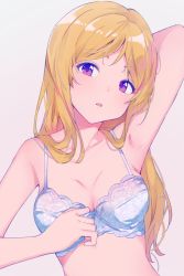 Rule 34 | 1girl, adjusting bra, adjusting clothes, arm behind head, arm up, armpits, bare arms, bare shoulders, blonde hair, bra, breasts, cleavage, collarbone, commentary request, floral print, hand up, head tilt, highres, hiroki (yyqw7151), idolmaster, idolmaster million live!, long hair, looking at viewer, medium breasts, momose rio, parted bangs, parted lips, pink background, print bra, purple eyes, sidelocks, simple background, solo, underwear, underwear only, upper body, white bra