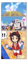 Rule 34 | !, 10s, 1girl, ?, ^^^, altronage, binoculars, black hair, blue gloves, blue sky, character name, character request, comic, commentary request, day, decepticon, devastator, english text, gloves, highres, holding, kemono friends, megatron, mixmaster, mountain, necktie, outdoors, personification, red eyes, red shorts, sandstar, short hair, shorts, sky, soundwave (transformers), speech bubble, spoken exclamation mark, spoken question mark, starscream, sweatdrop, thought bubble, transformers, yellow necktie