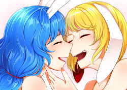 Rule 34 | 2girls, animal ears, blonde hair, blue hair, closed eyes, floppy ears, hands on another&#039;s face, highres, kaisenpurin, long hair, multiple girls, open mouth, rabbit ears, ringo (touhou), seiran (touhou), short hair, smile, touhou, yuri