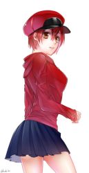 Rule 34 | 10s, 1girl, ae-3803, alternate costume, bad id, bad twitter id, bou (maimoca501), hat, hataraku saibou, looking back, red blood cell, red hair, short hair, simple background, skirt, solo
